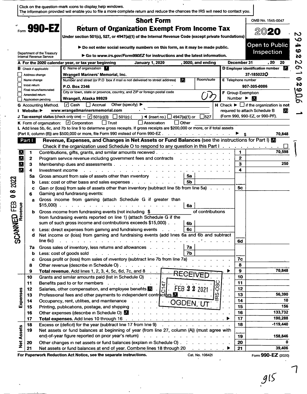 Image of first page of 2020 Form 990EZ for Wrangell Mariners Memorial