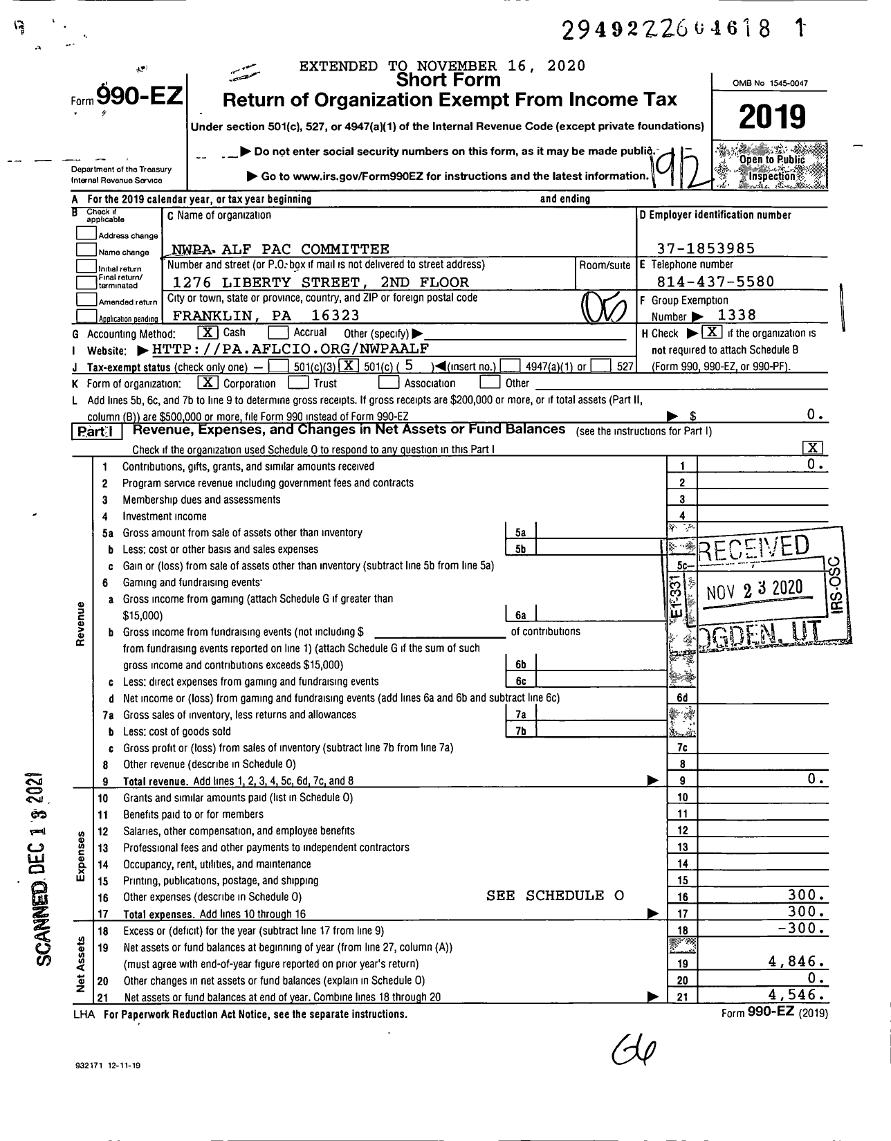 Image of first page of 2019 Form 990EO for Nwpa Alf Pac Committee