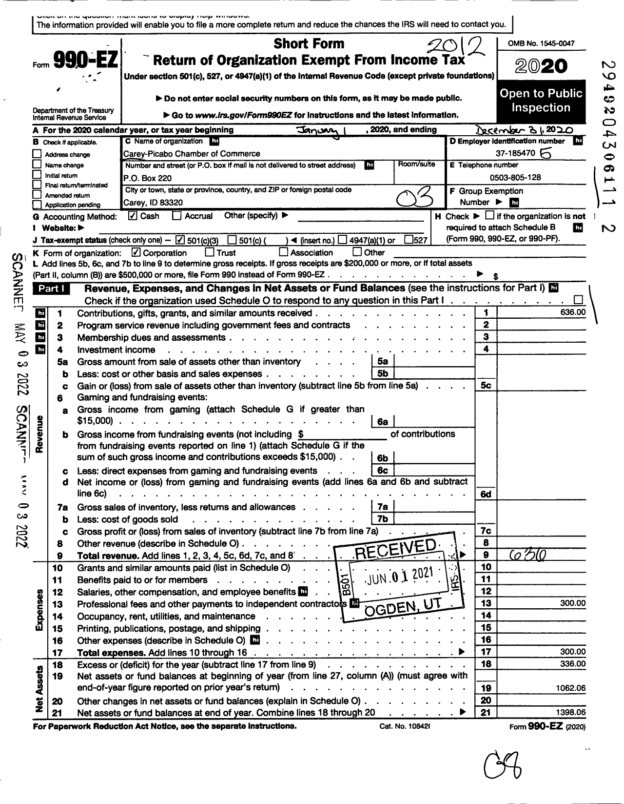 Image of first page of 2020 Form 990EZ for Carey-Picabo Chamber of Commerce