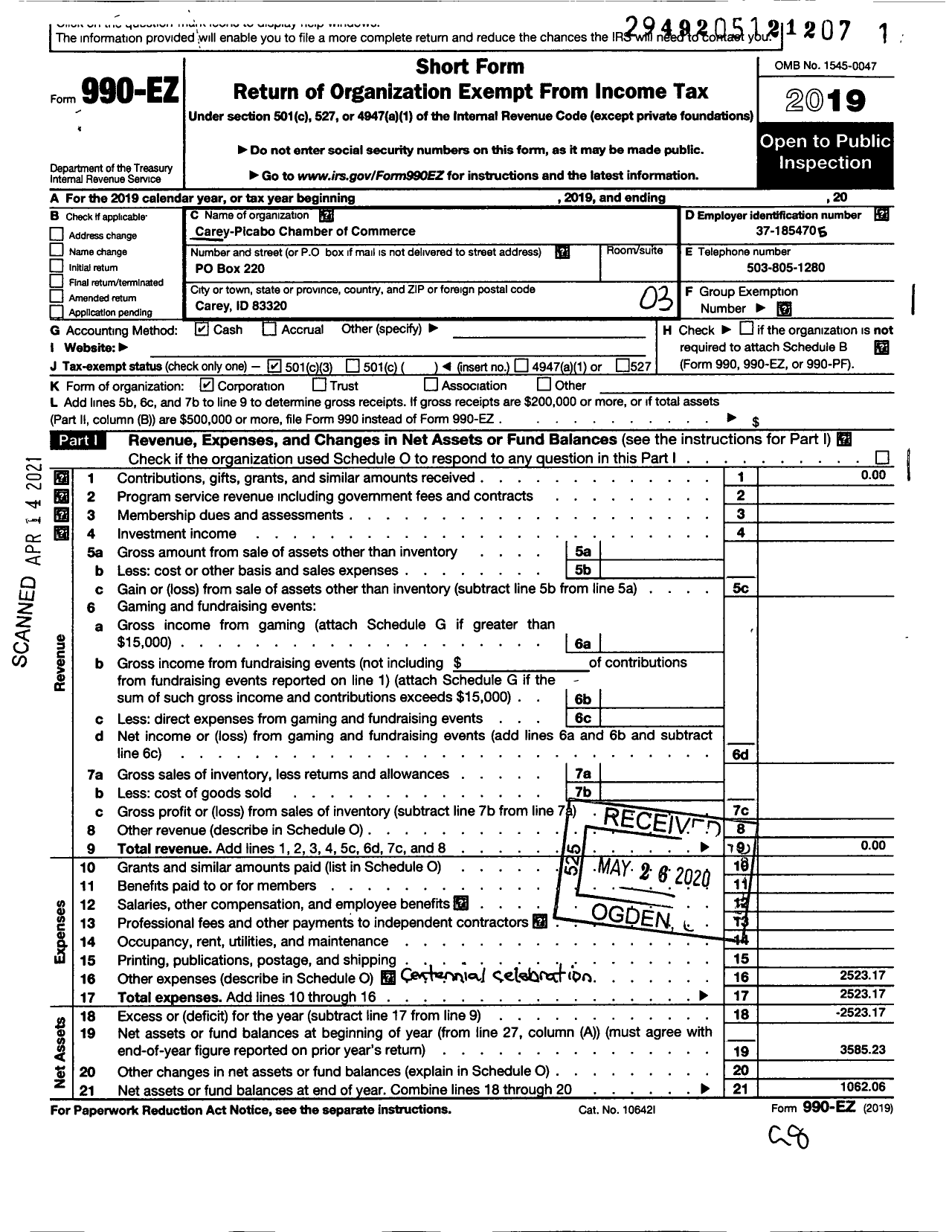 Image of first page of 2019 Form 990EZ for Carey-Picabo Chamber of Commerce