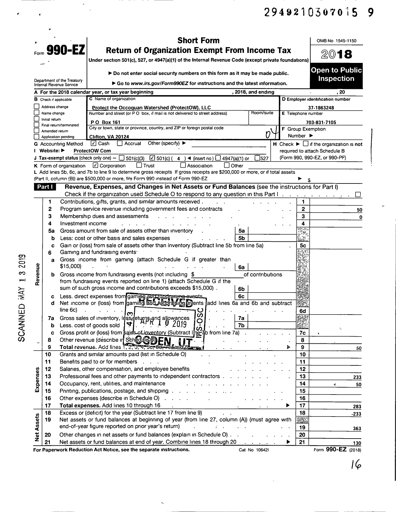 Image of first page of 2018 Form 990EO for Protect the Occoquan Watershed LLC