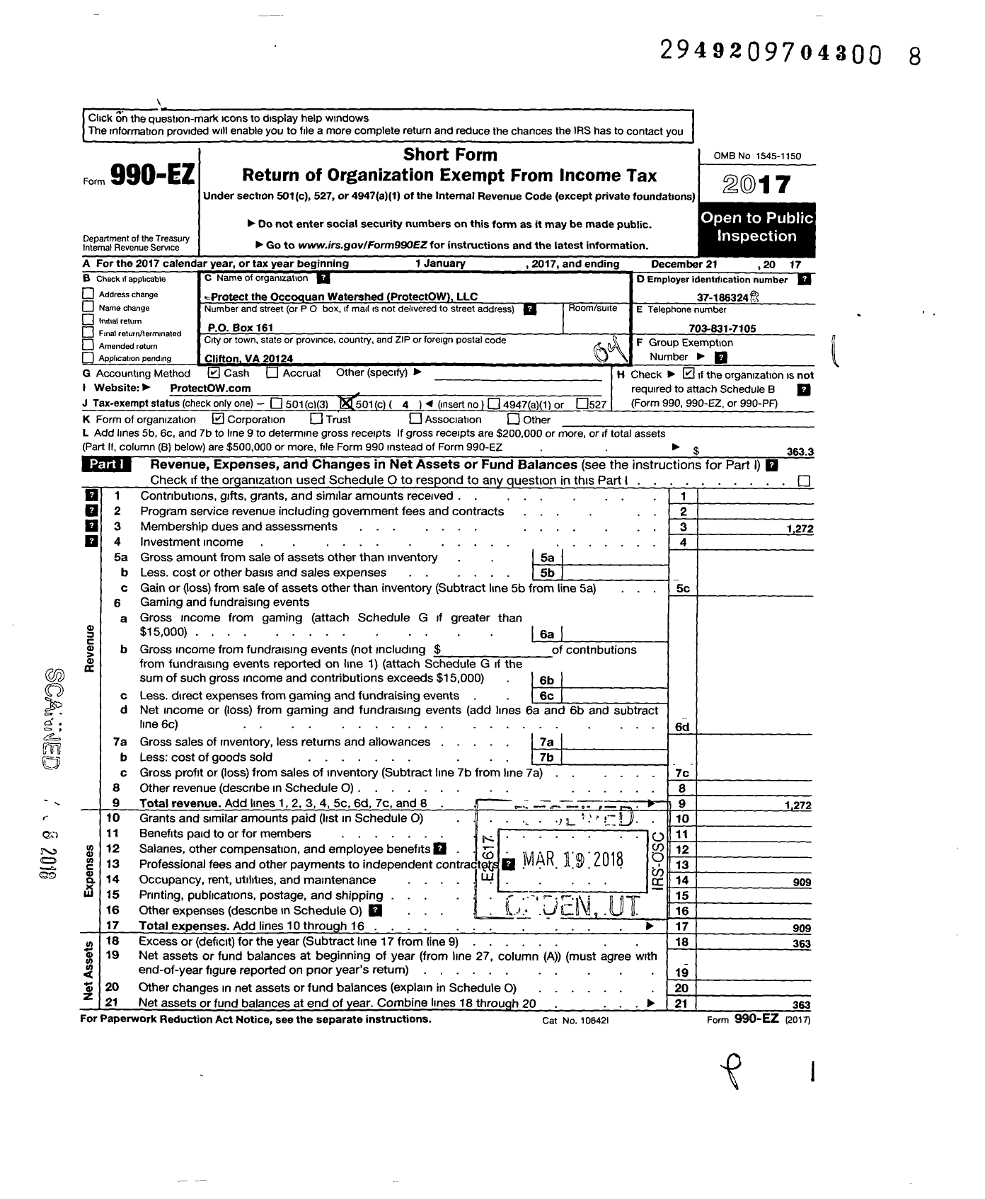 Image of first page of 2017 Form 990EO for Protect the Occoquan Watershed LLC