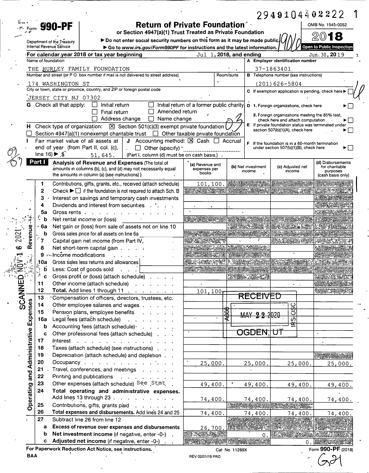 Image of first page of 2018 Form 990PF for The Hurley Family Foundation