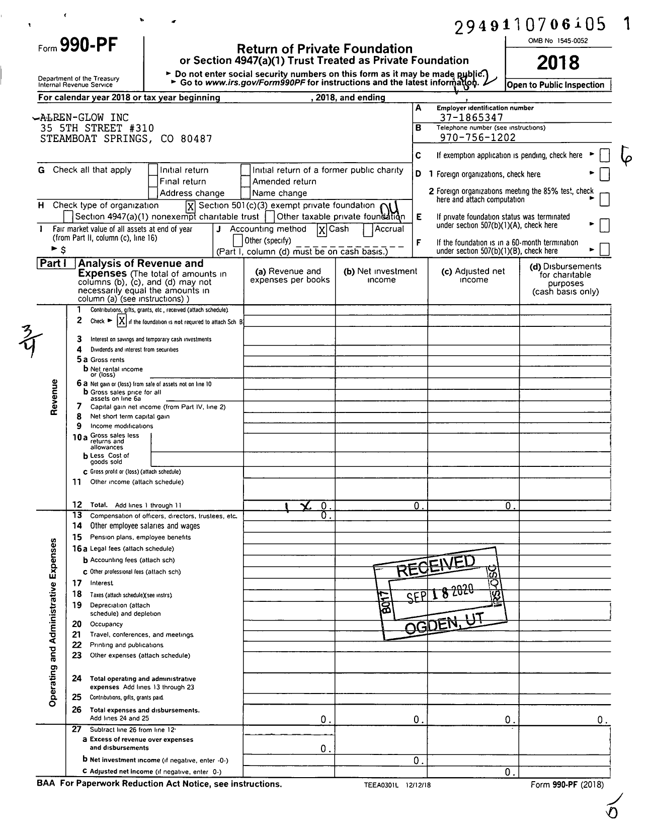 Image of first page of 2018 Form 990PF for Alpen-Glow