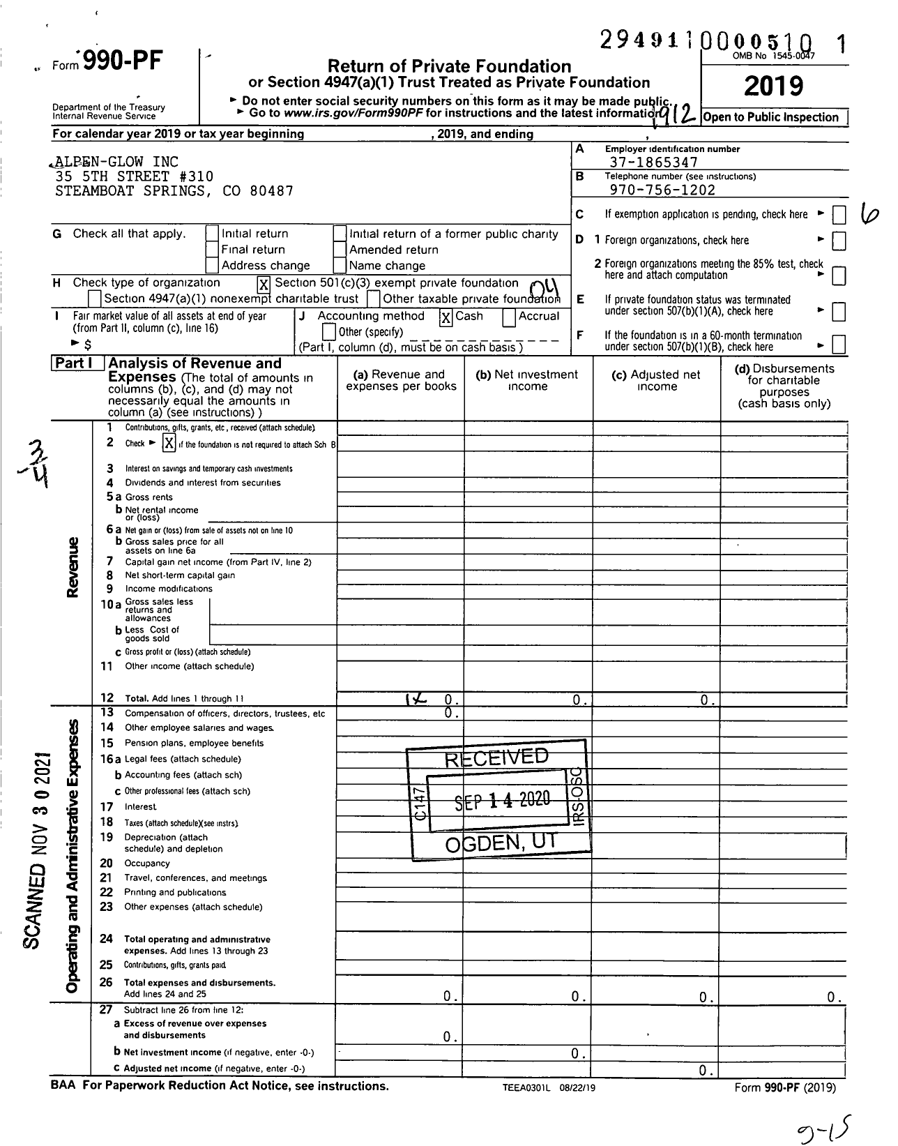 Image of first page of 2019 Form 990PF for Alpen-Glow