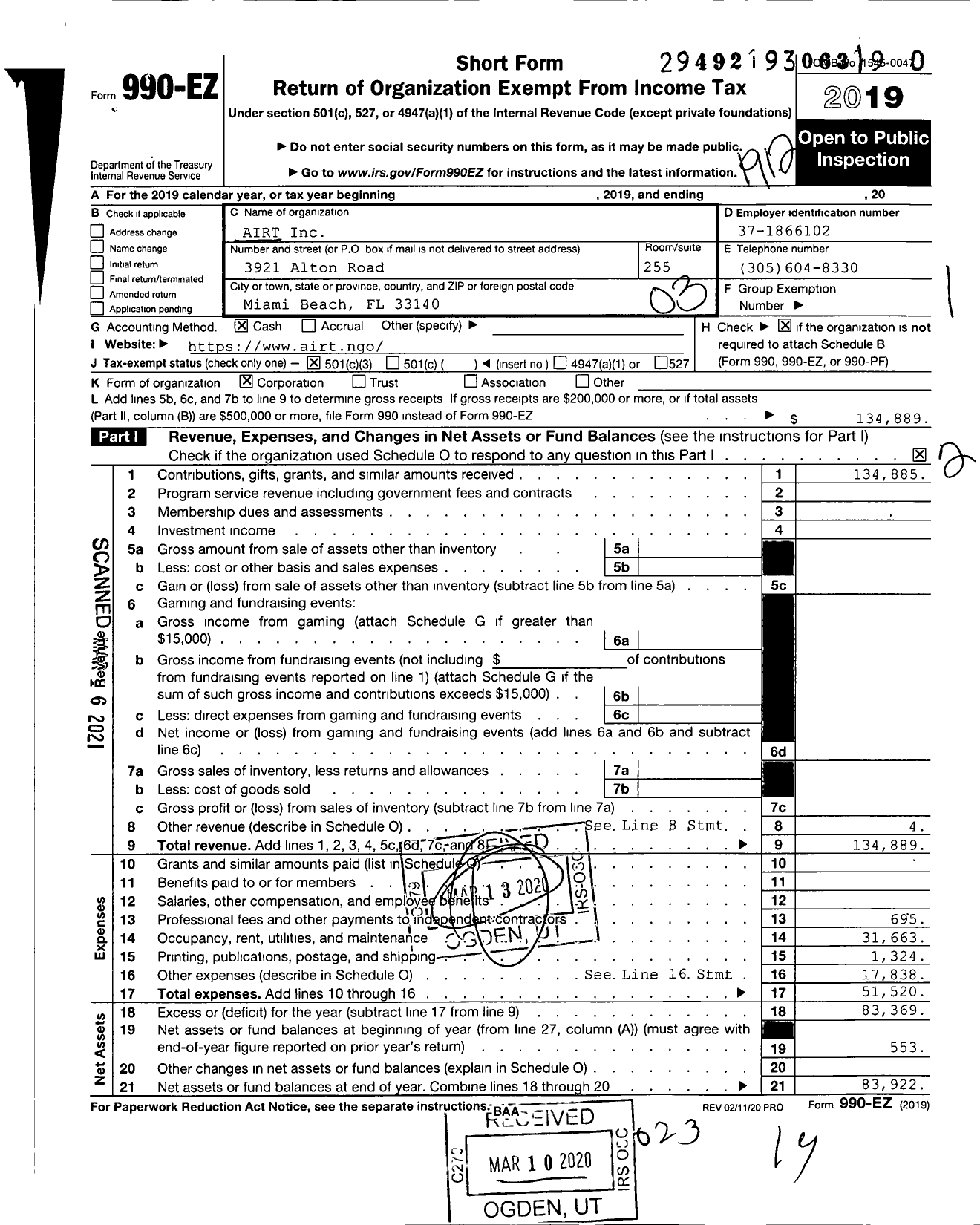 Image of first page of 2019 Form 990EZ for Airt