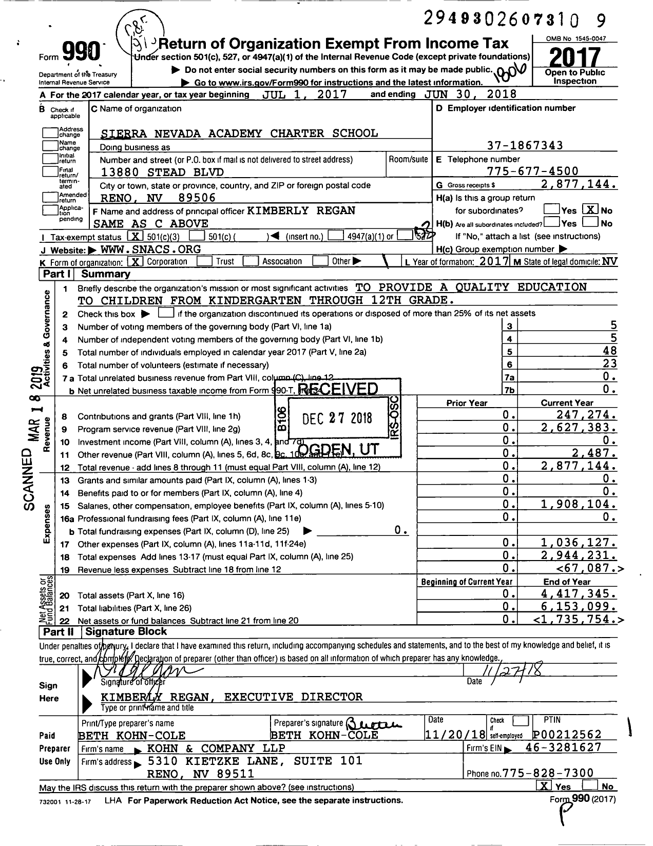 Image of first page of 2017 Form 990 for Sierra Nevada Academy Charter School