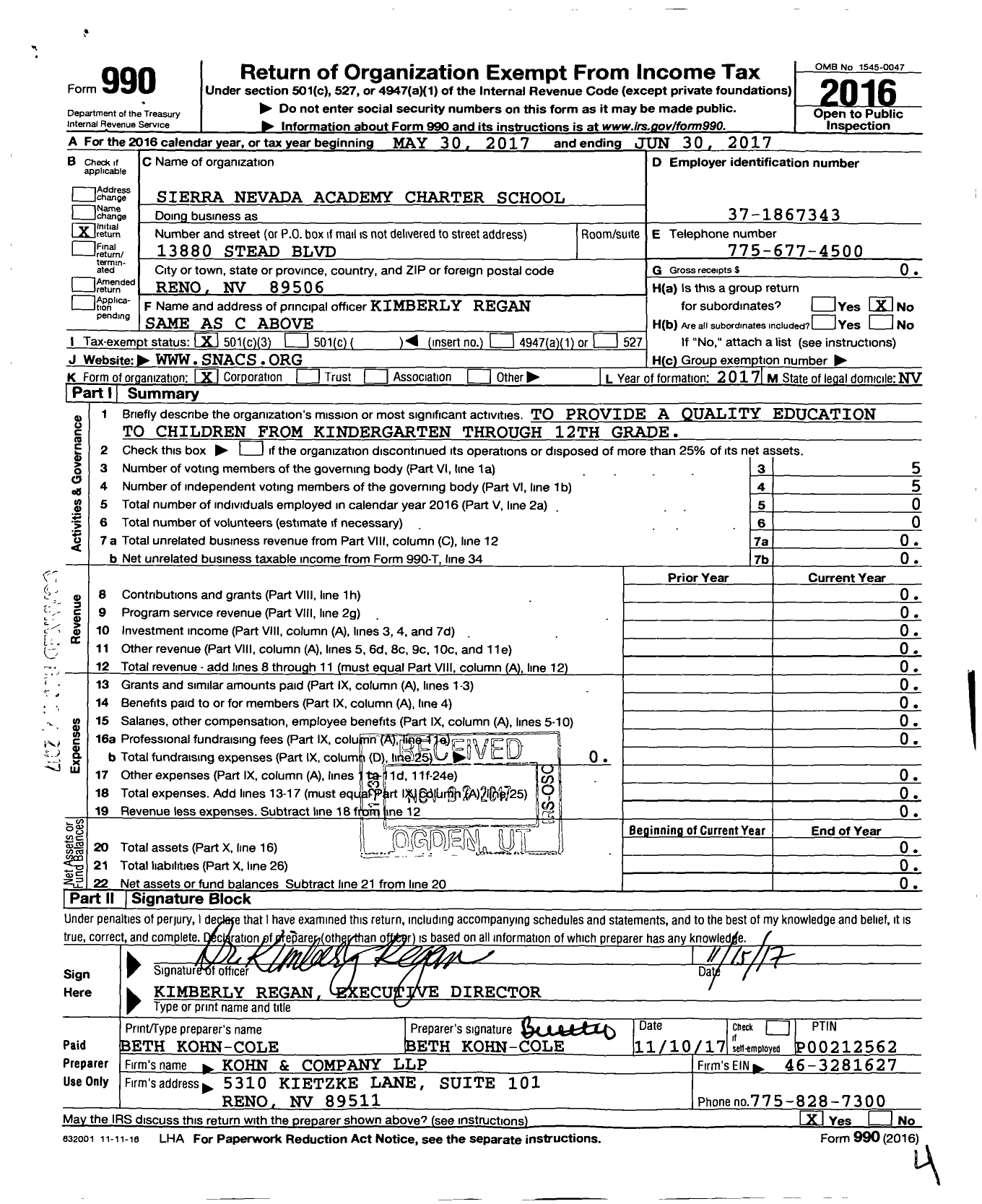 Image of first page of 2016 Form 990 for Sierra Nevada Academy Charter School