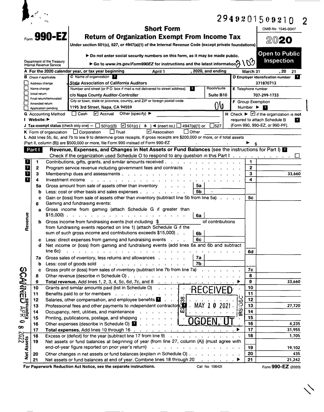 Image of first page of 2020 Form 990EO for State Association of California Auditors