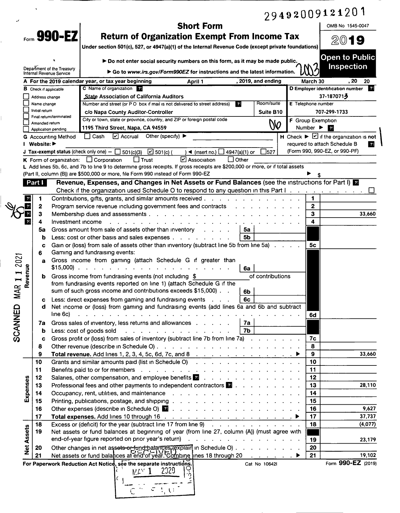 Image of first page of 2019 Form 990EO for State Association of California Auditors