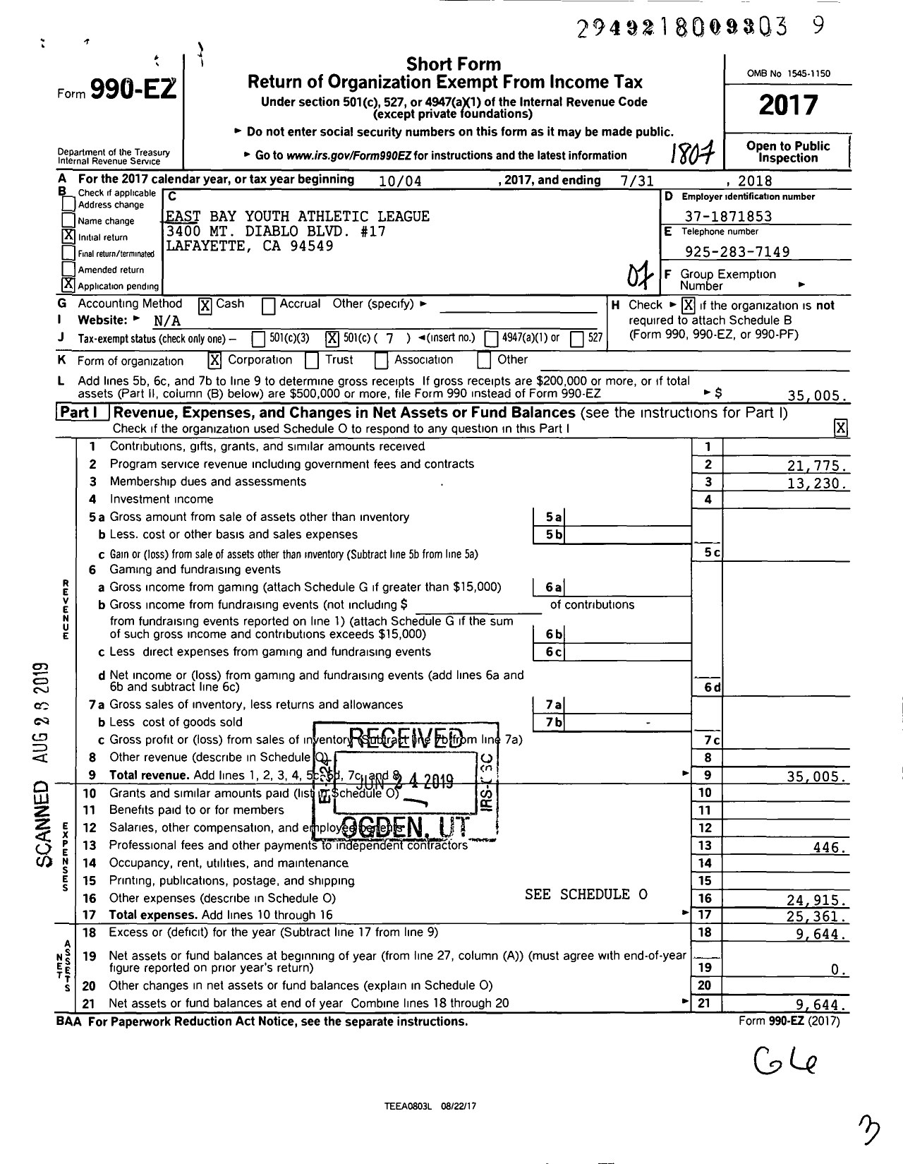 Image of first page of 2017 Form 990EO for East Bay Youth Athletic League