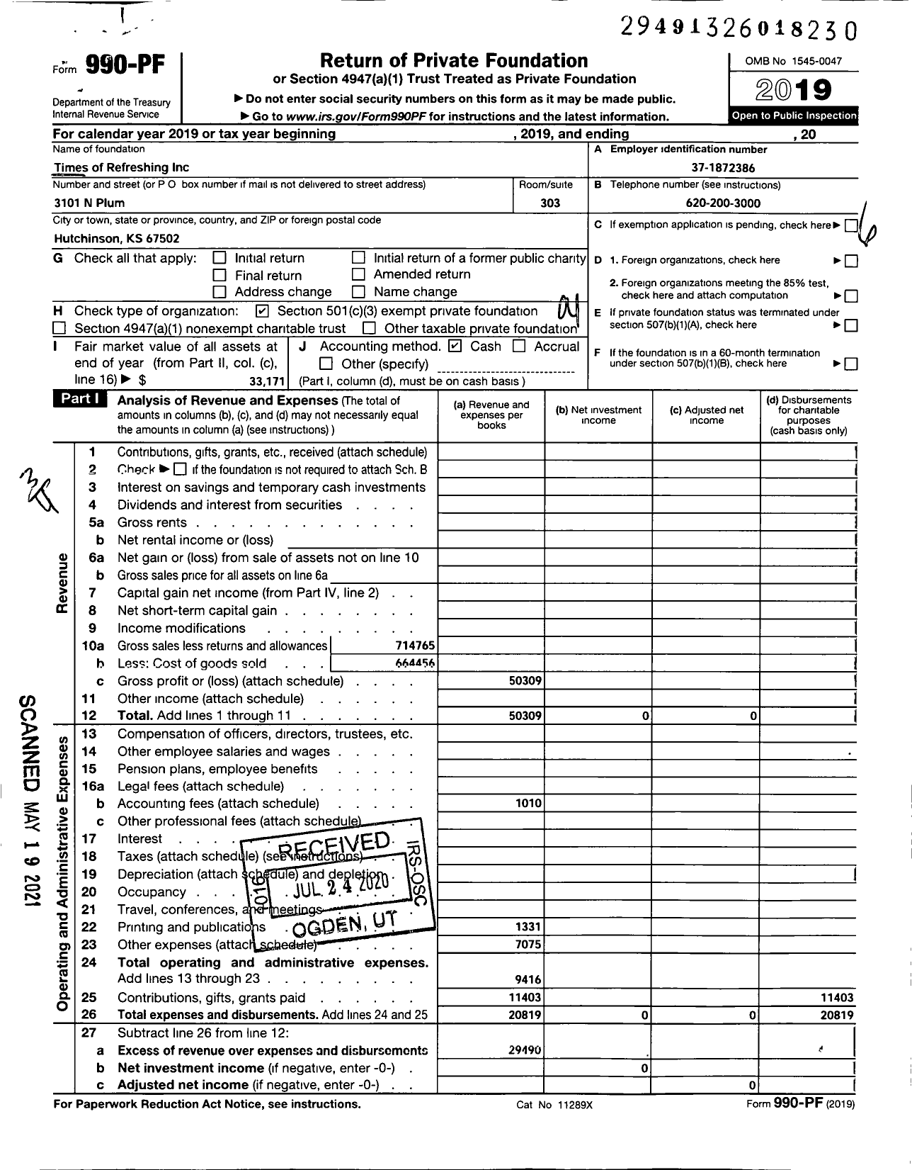 Image of first page of 2019 Form 990PF for Times of Refreshing