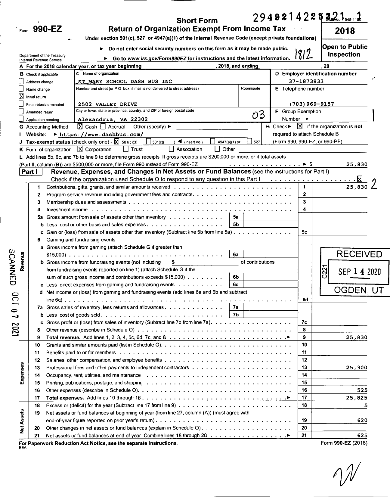 Image of first page of 2018 Form 990EZ for St Mary School Dash Bus