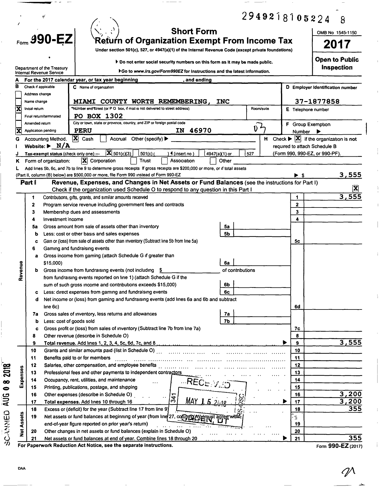 Image of first page of 2017 Form 990EZ for Miami County Indiana Worth Remembering