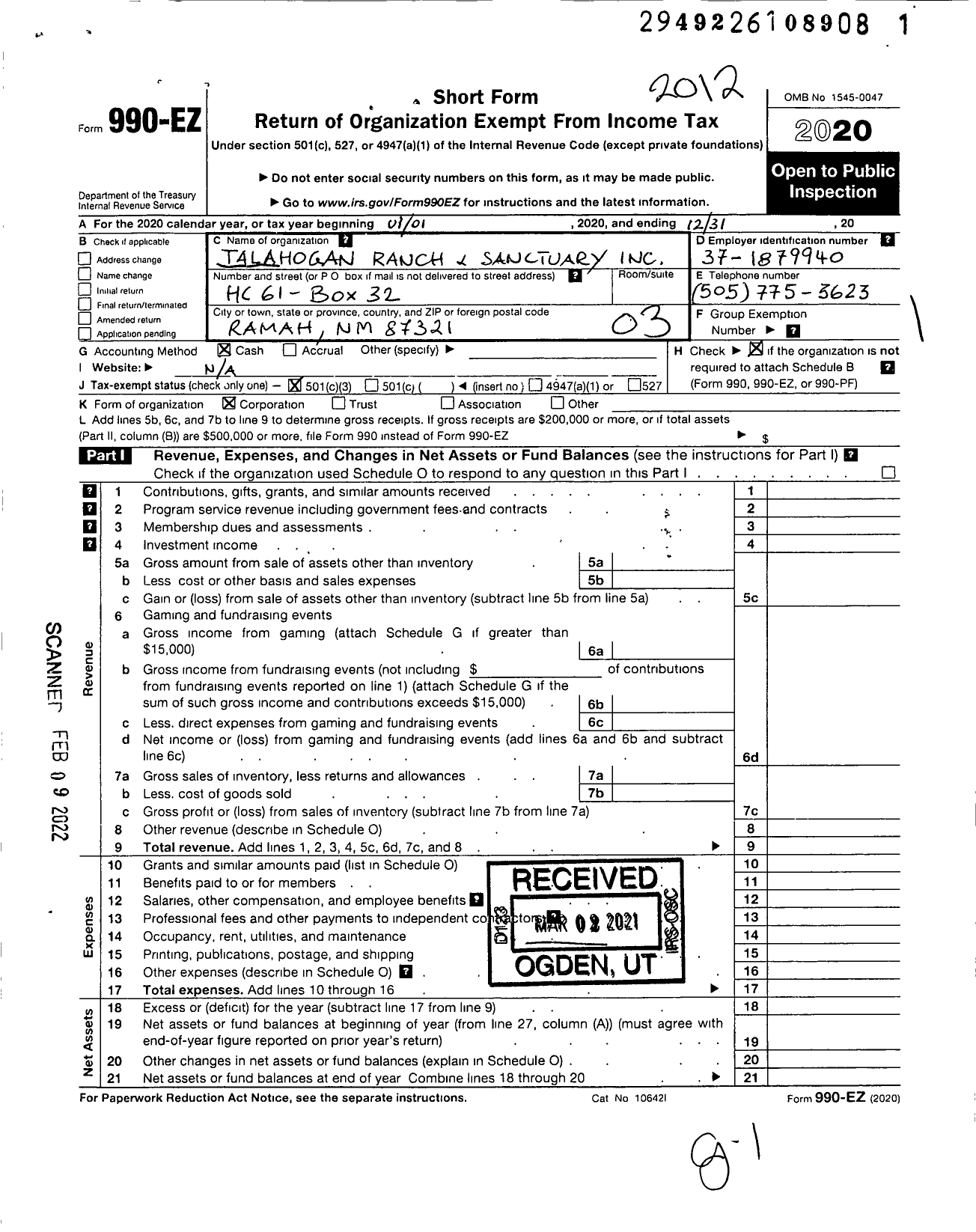 Image of first page of 2020 Form 990EZ for Talahogan Ranch and Sanctuary
