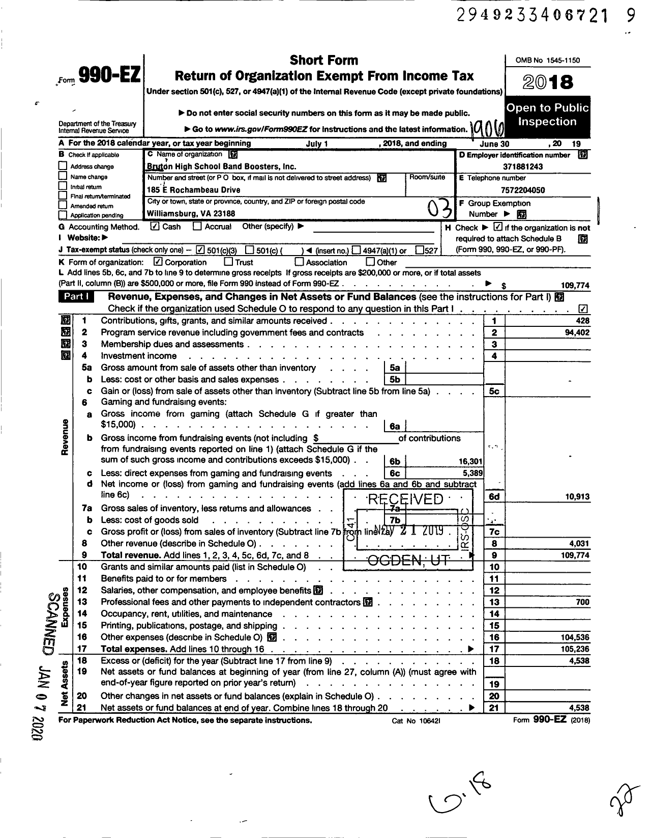 Image of first page of 2018 Form 990EZ for Bruton High School Band Boosters