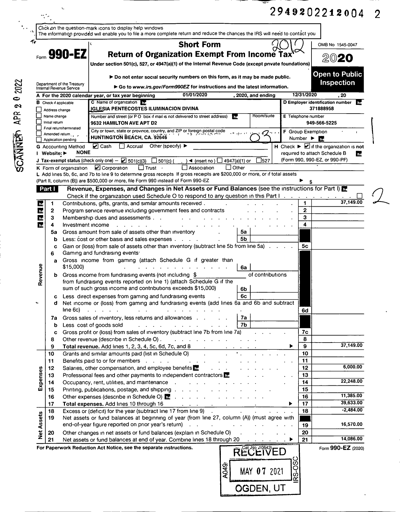 Image of first page of 2020 Form 990EZ for Iglesia de Dios Pentecostes Illumincion Divina