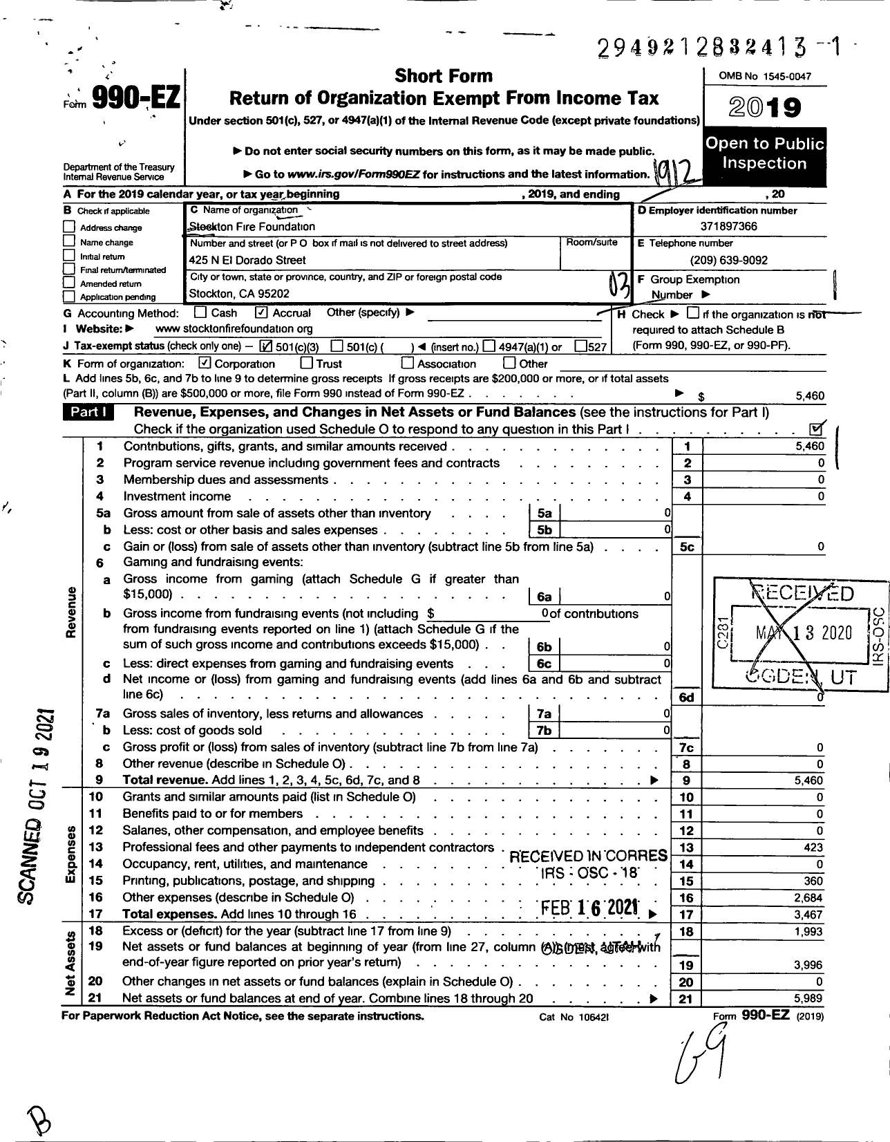 Image of first page of 2019 Form 990EZ for Stockton Fire Foundation