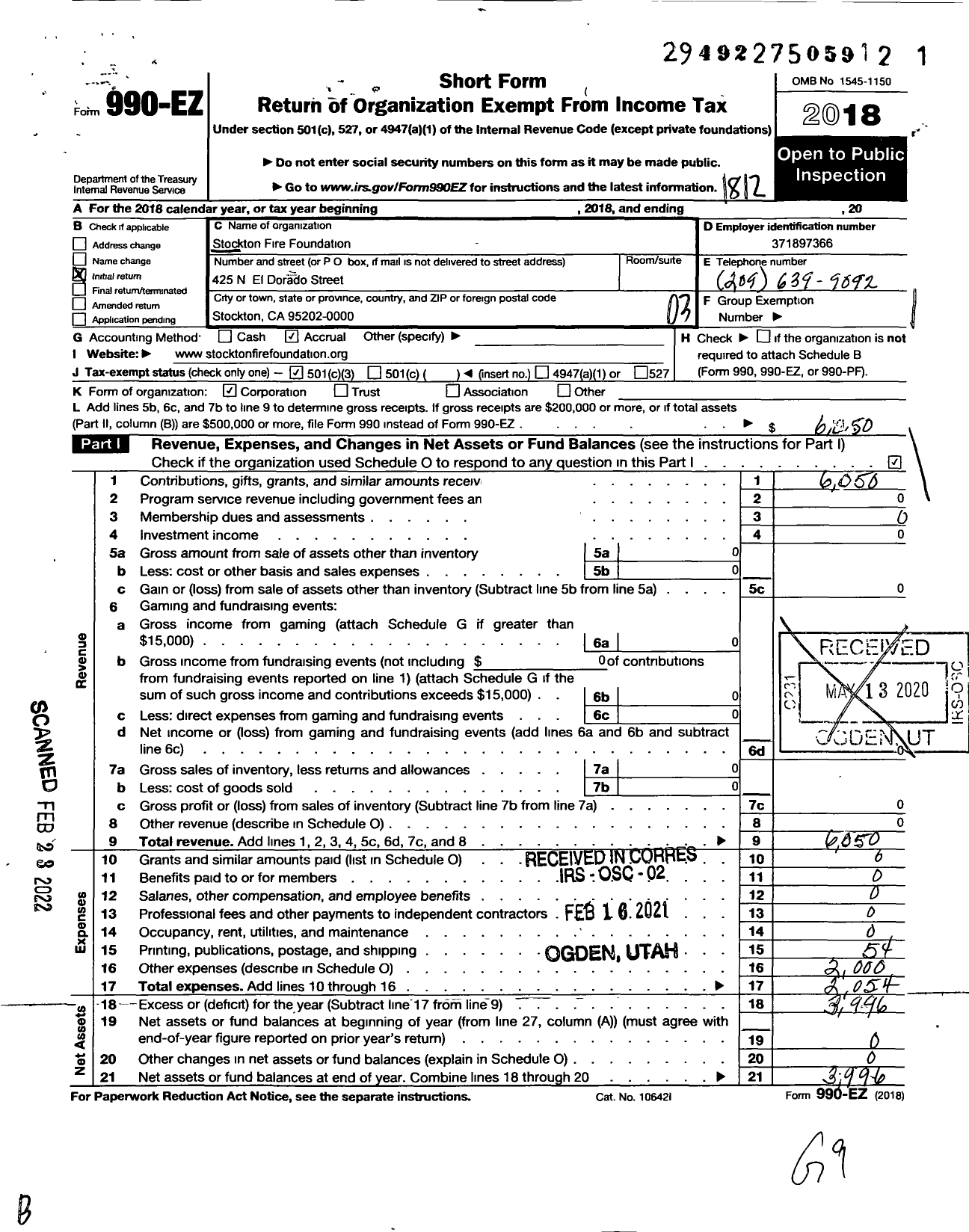 Image of first page of 2018 Form 990EZ for Stockton Fire Foundation