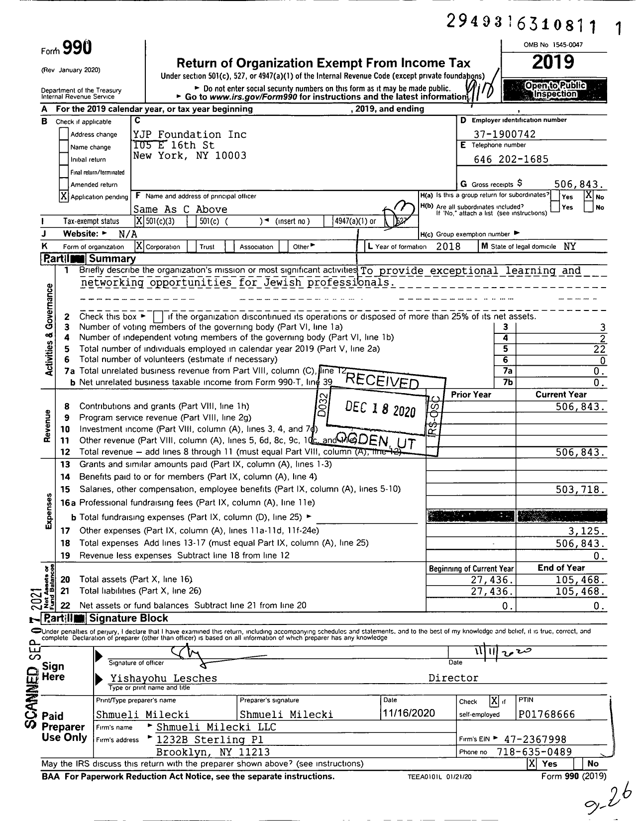 Image of first page of 2019 Form 990 for YJP Foundation