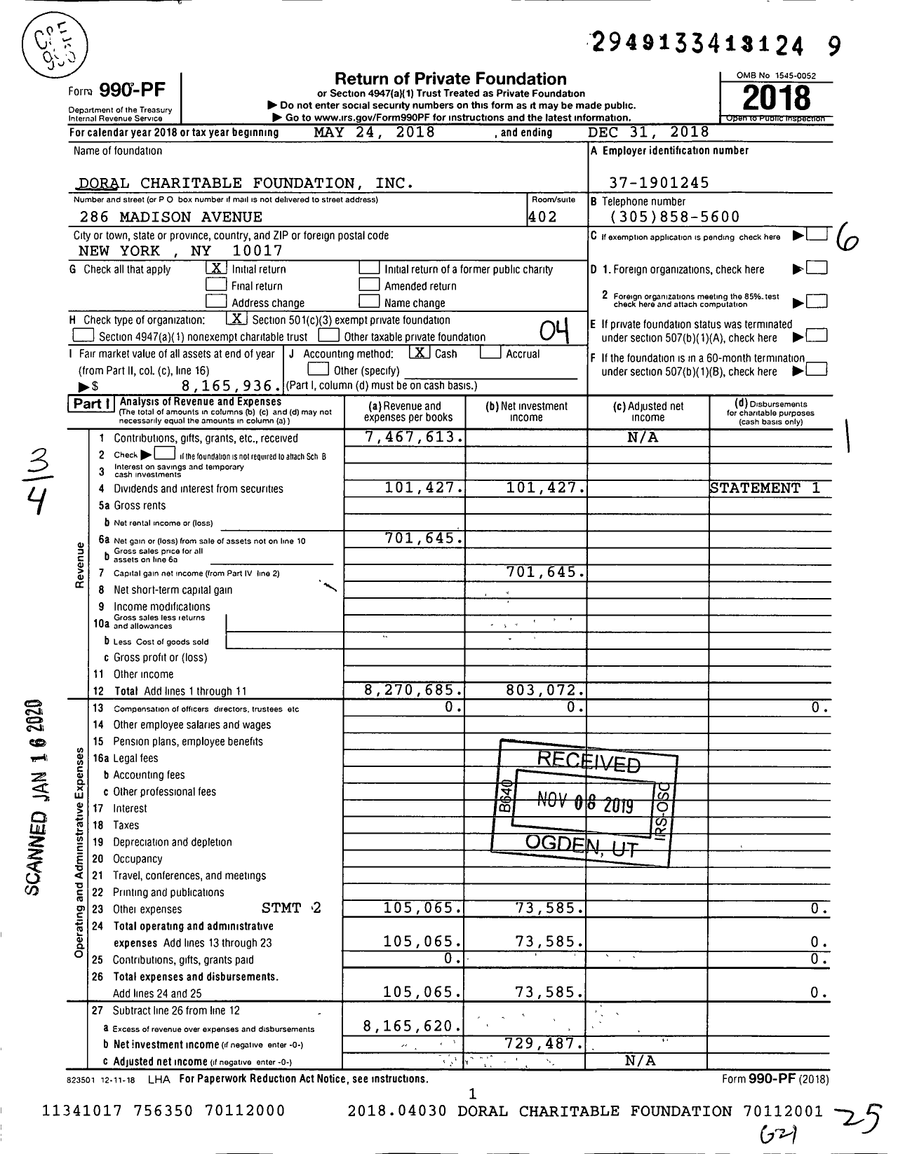 Image of first page of 2018 Form 990PF for Doral Charitable Foundation