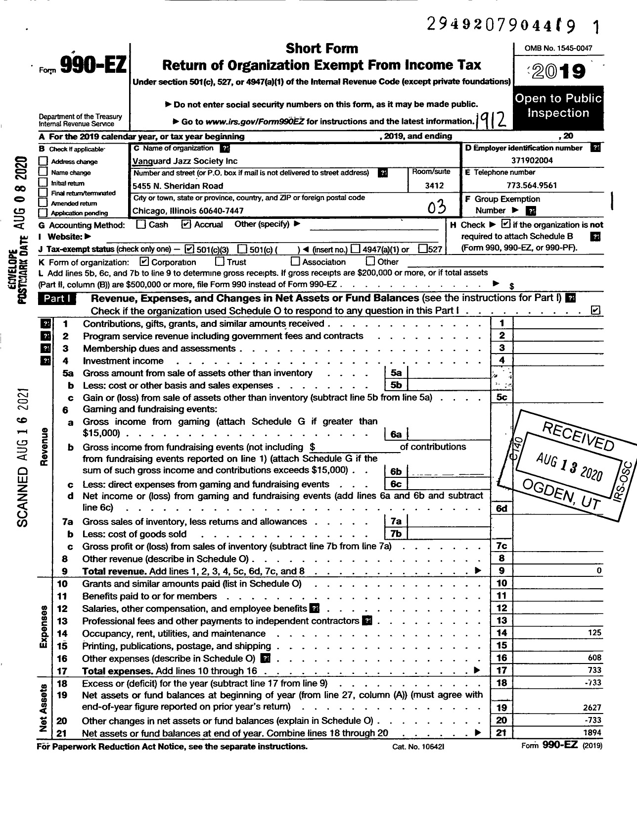 Image of first page of 2019 Form 990EZ for Vanguard Jazz Society