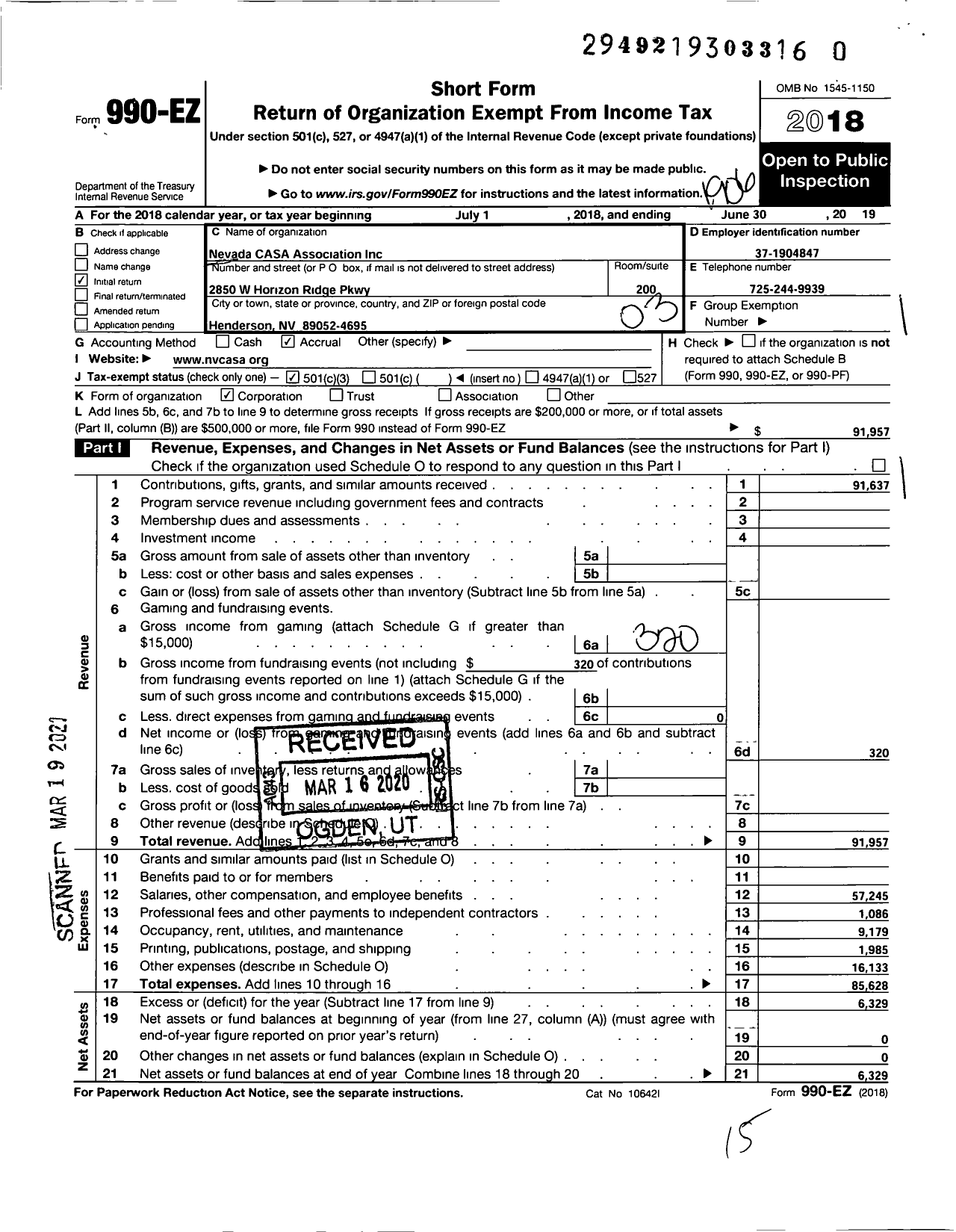 Image of first page of 2018 Form 990EZ for Nevada Casa Association