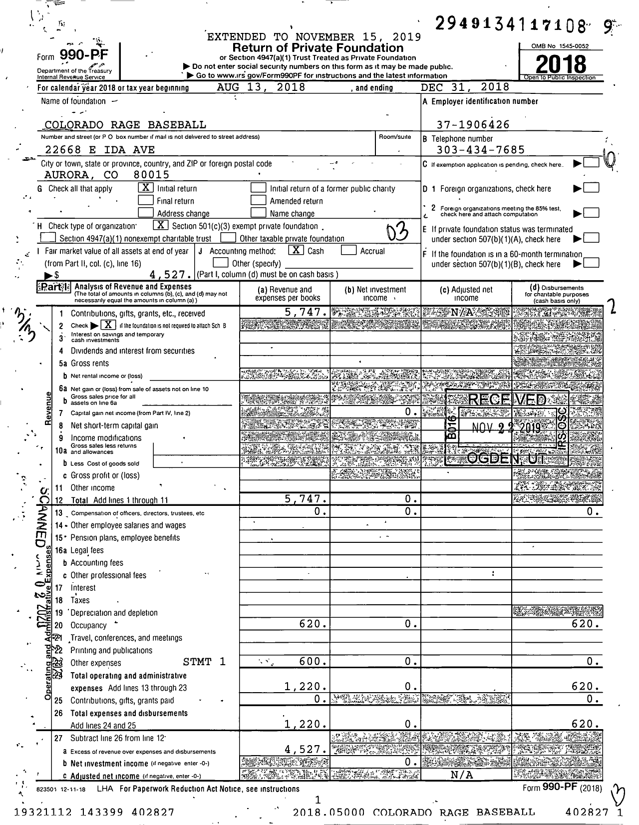 Image of first page of 2018 Form 990PF for Colorado Rage Baseball