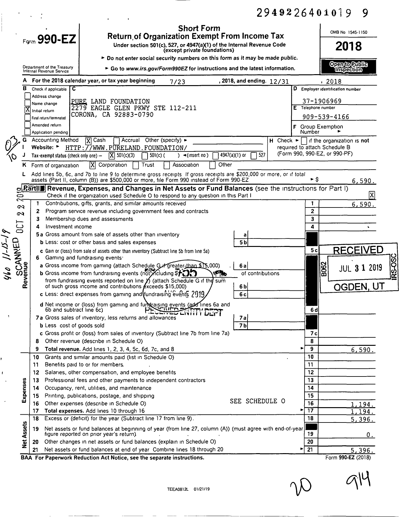 Image of first page of 2018 Form 990EZ for Pure Land Foundation