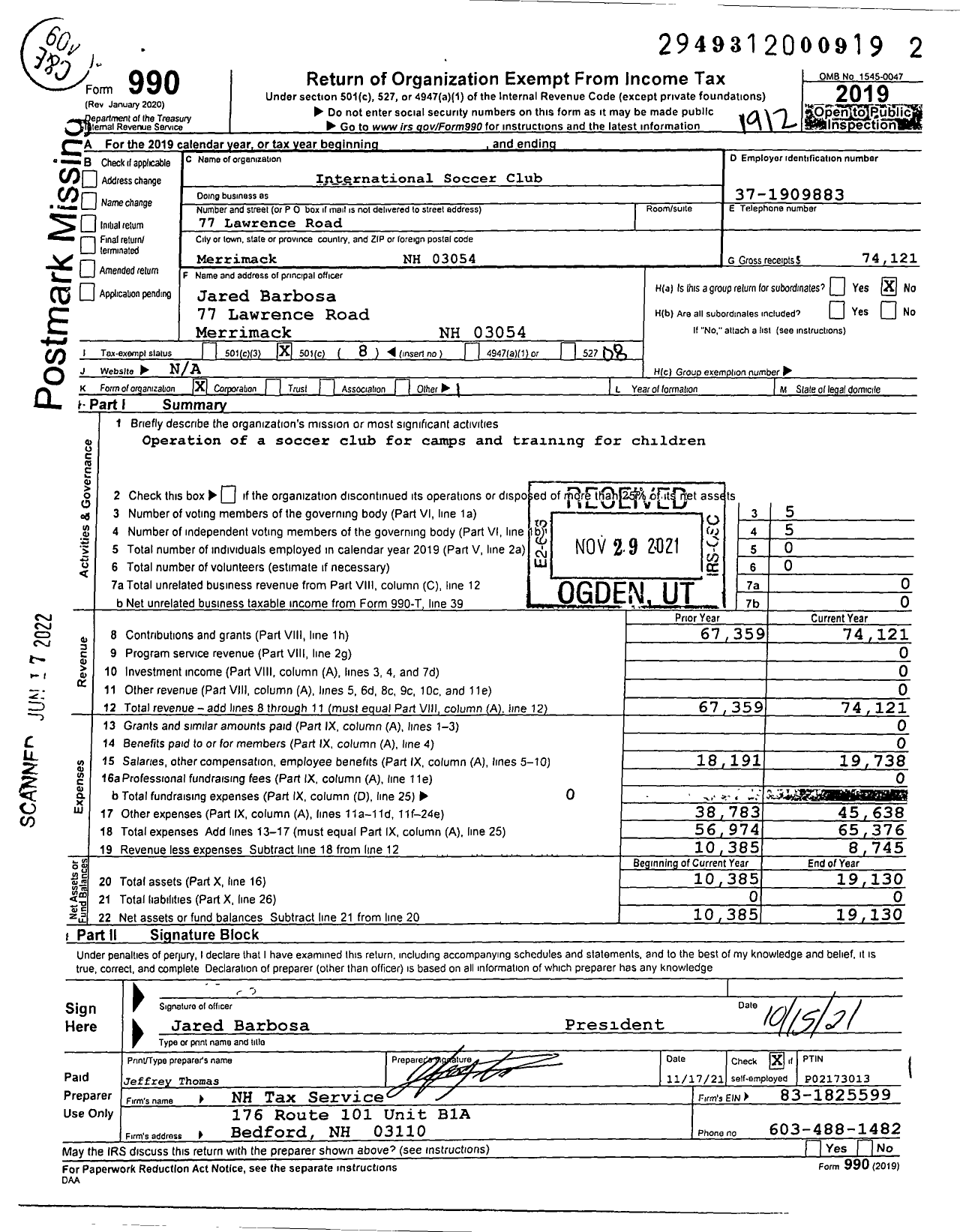 Image of first page of 2019 Form 990O for International Soccer Club