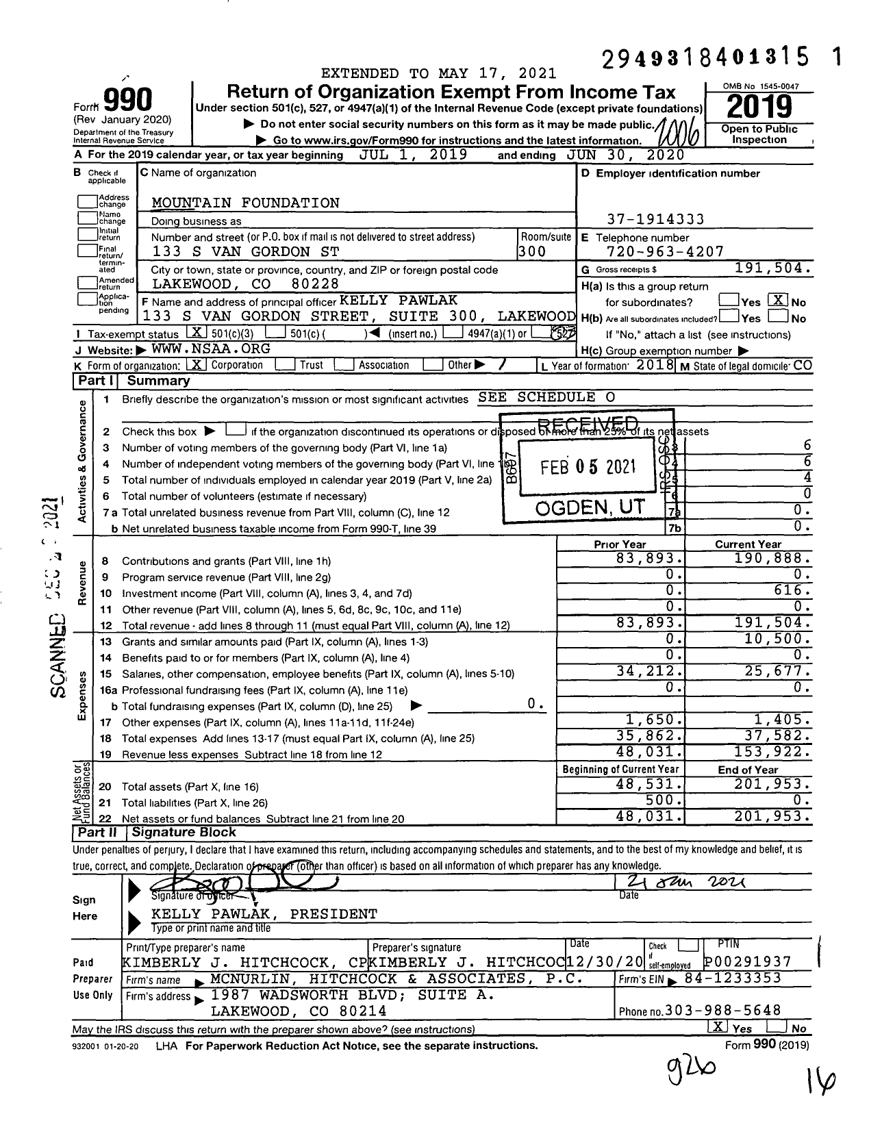 Image of first page of 2019 Form 990 for Mountain Foundation