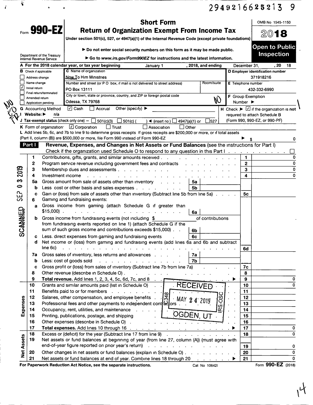 Image of first page of 2018 Form 990EO for Now To Him Ministries