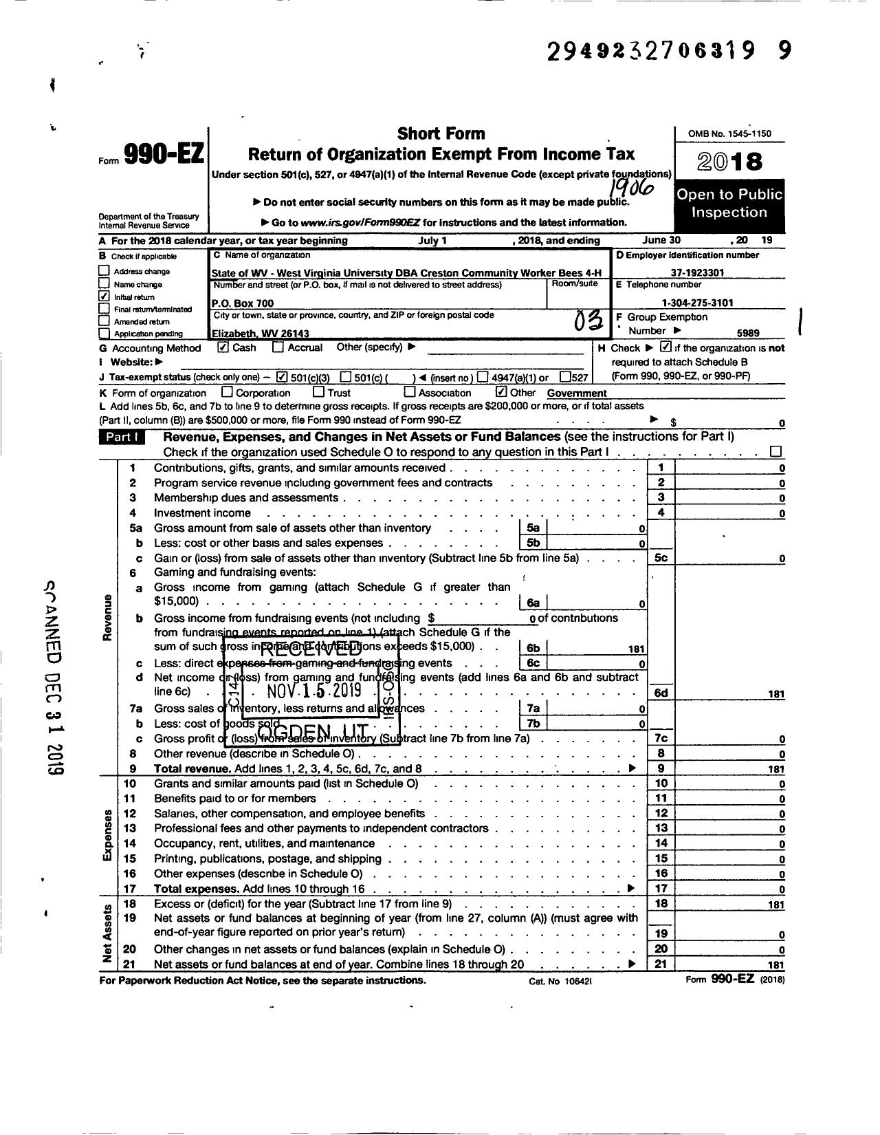 Image of first page of 2018 Form 990EZ for State of WV West Virginia University / Creston Community Worker Bees 4-H