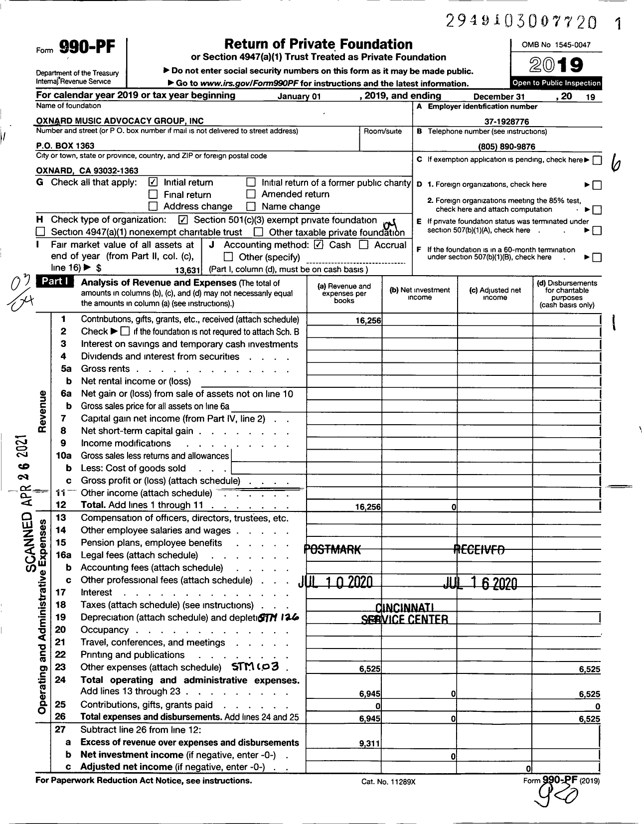 Image of first page of 2019 Form 990PF for Oxnard Music Advocacy Group