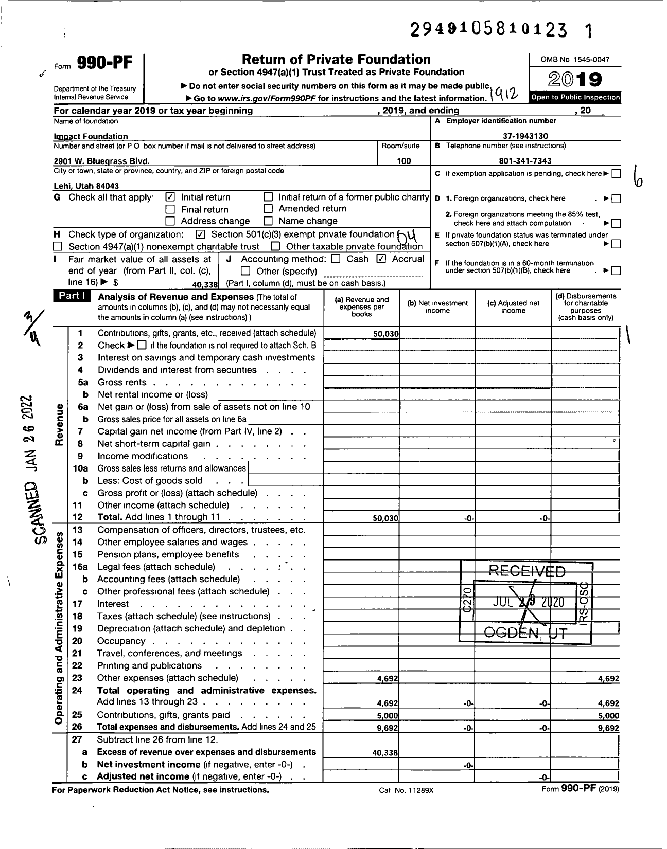 Image of first page of 2019 Form 990PF for Impact Foundation