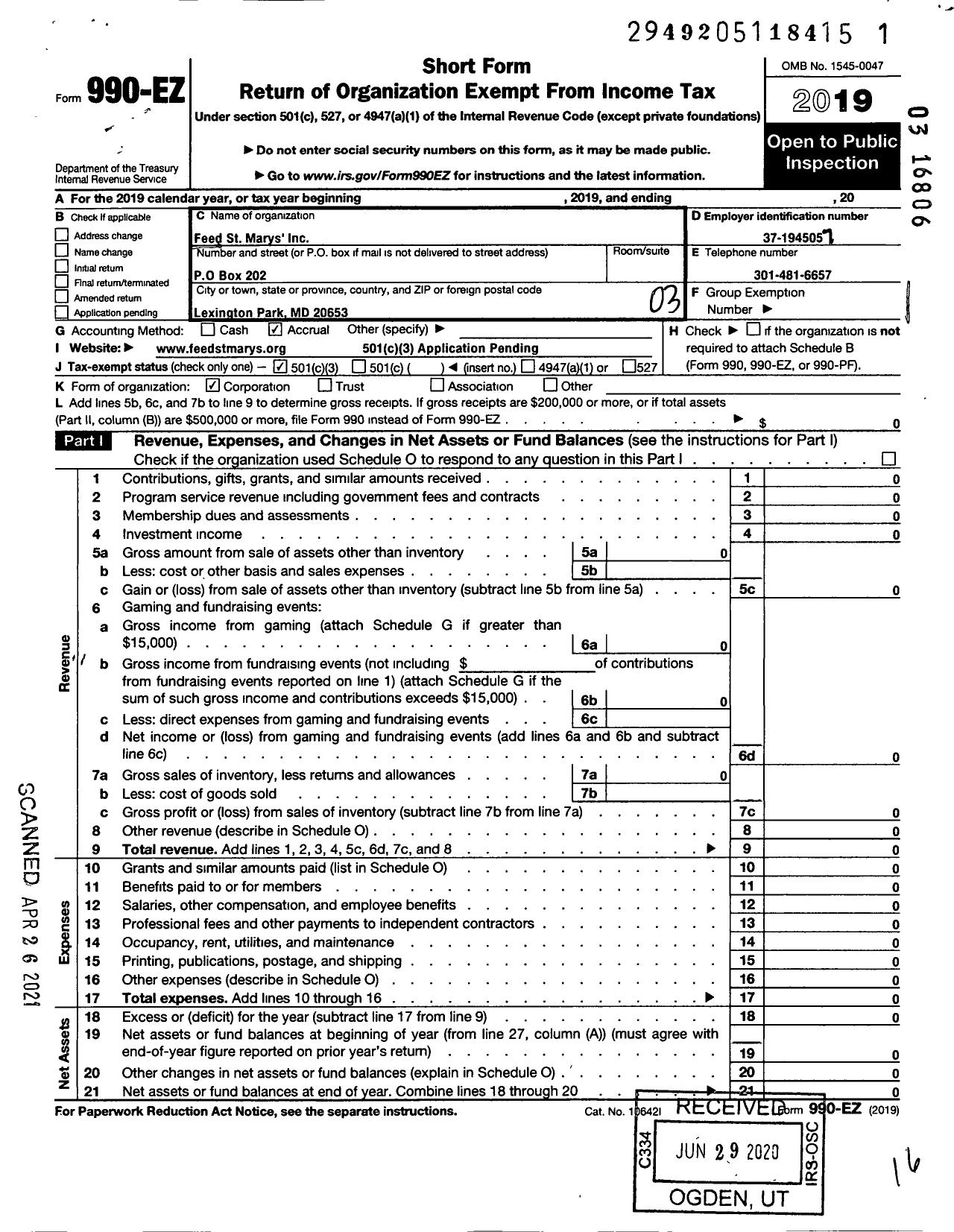 Image of first page of 2019 Form 990EZ for Feed St Marys