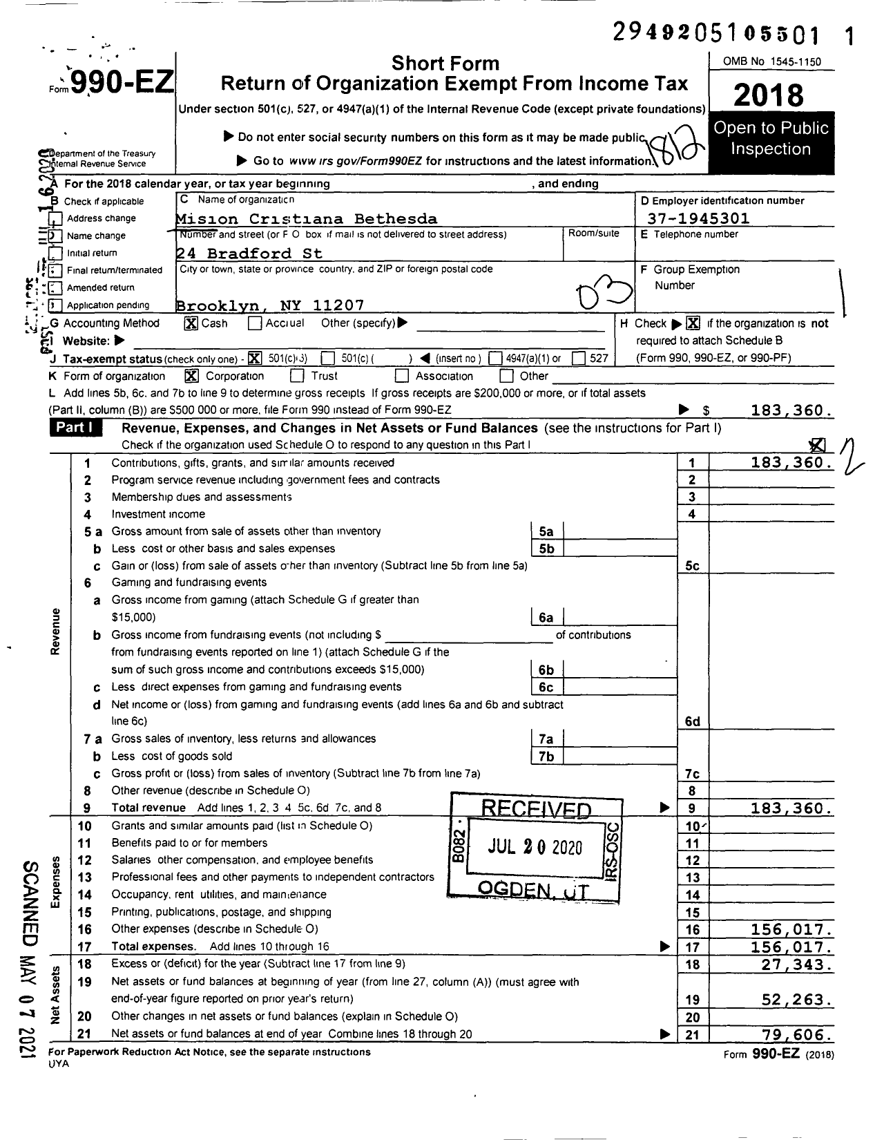 Image of first page of 2018 Form 990EZ for Mision Cristiana Bethesda