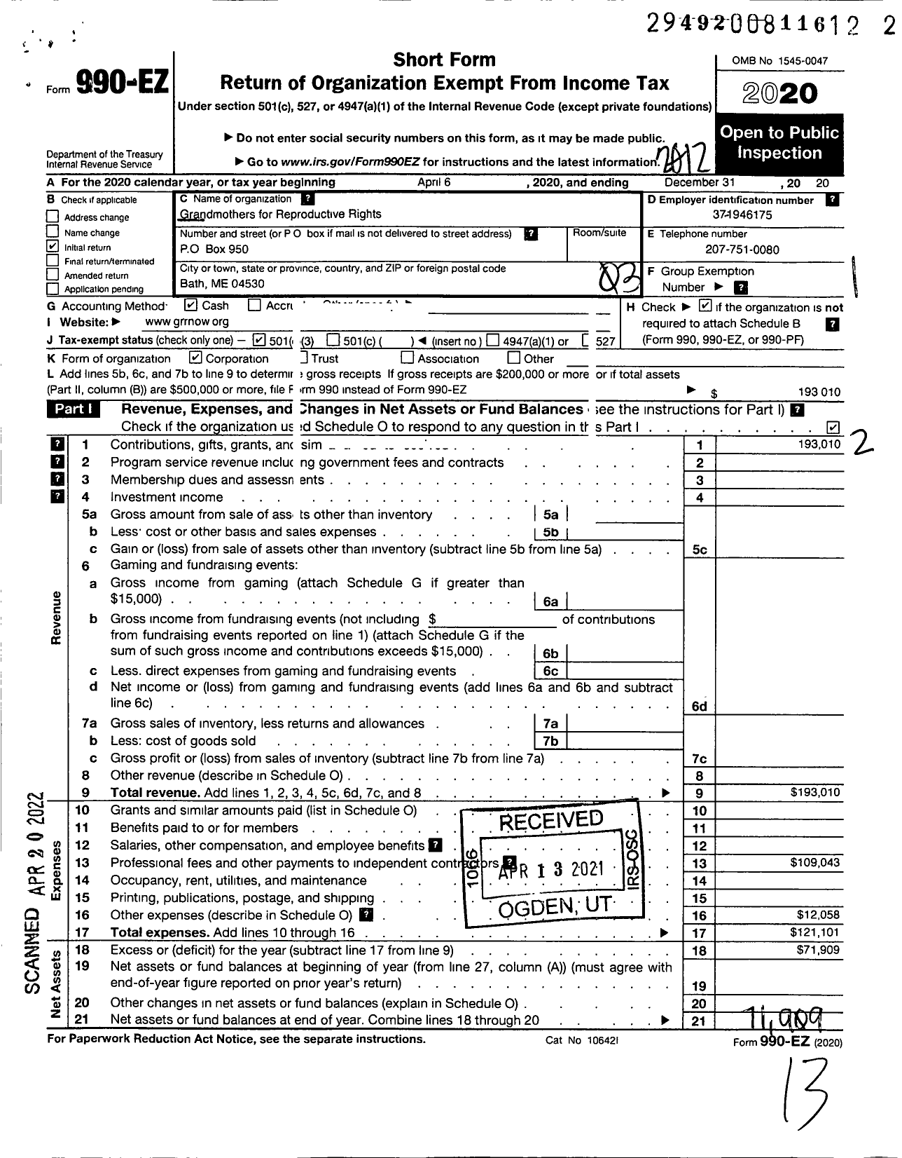 Image of first page of 2020 Form 990EZ for Grandmothers for Reproductive Rights