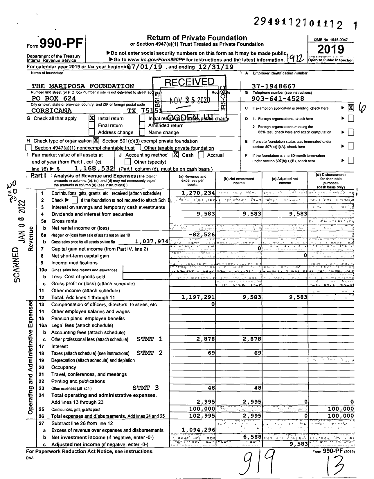 Image of first page of 2019 Form 990PF for The Kay and Byron Cook Mariposa Foundation