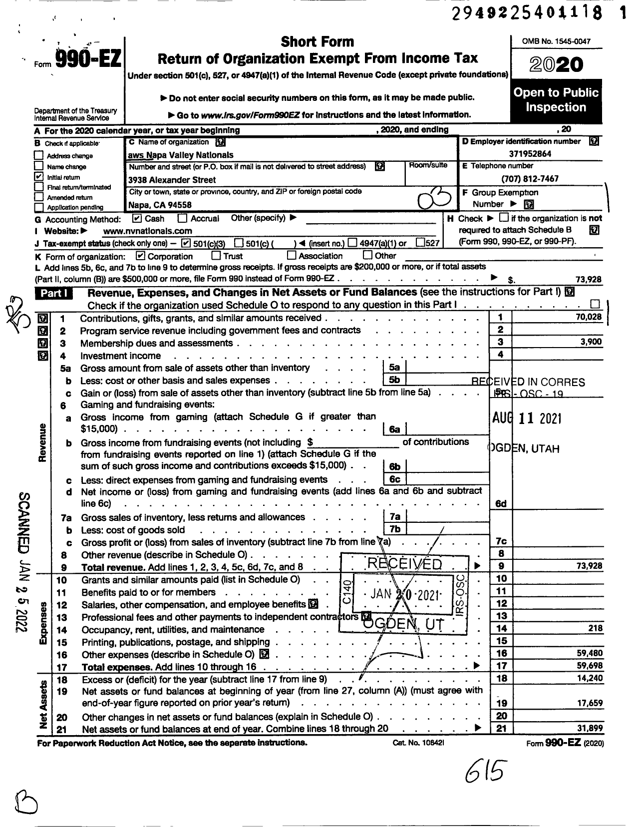 Image of first page of 2020 Form 990EZ for Aws Napa Valey Nationals