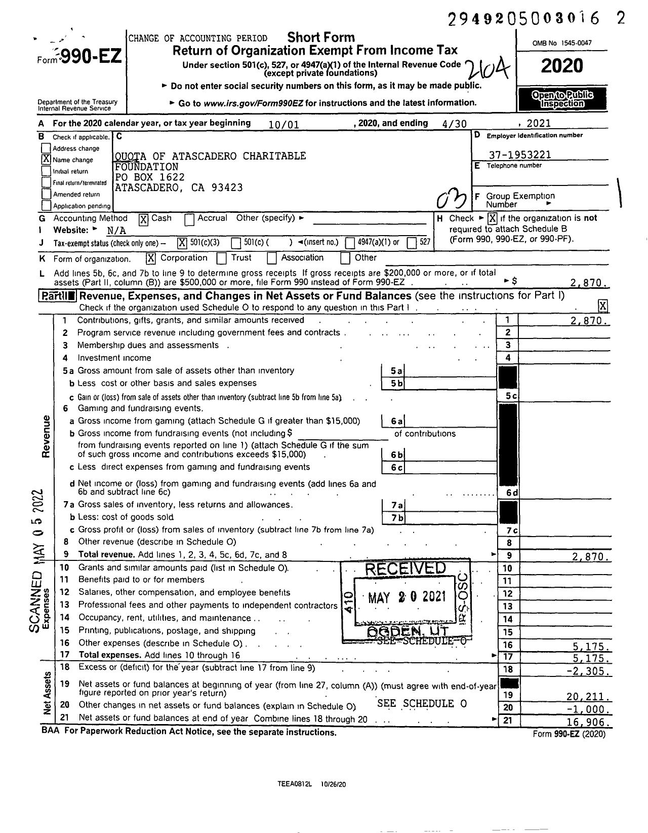 Image of first page of 2020 Form 990EZ for Quota of Atascadero Charitable Foundation