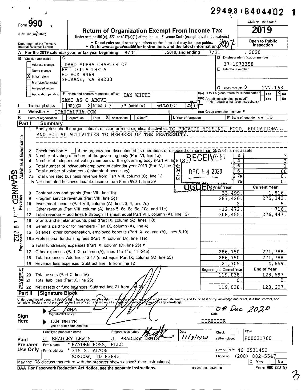 Image of first page of 2019 Form 990O for Idaho Alpha Chapter of Phi Delta Theta