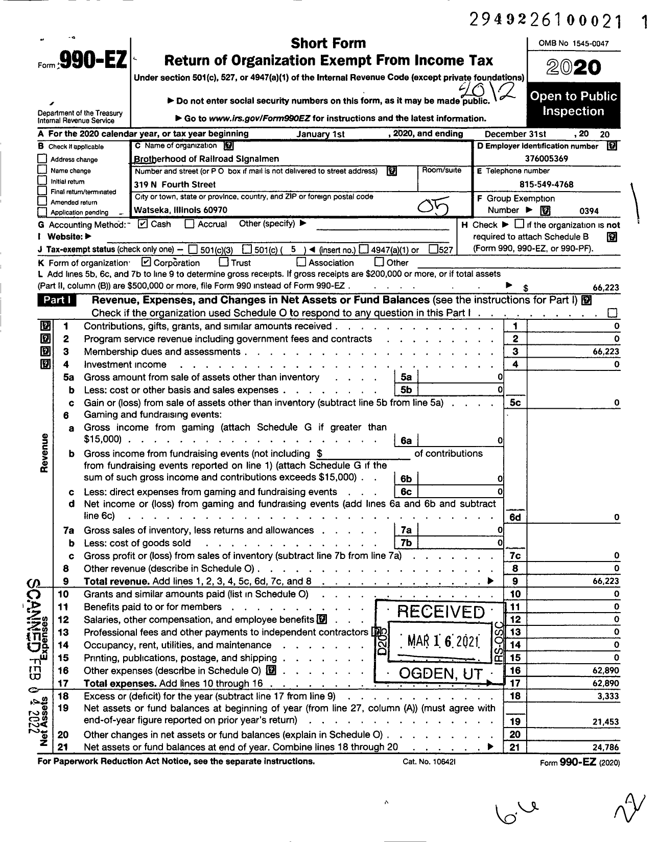 Image of first page of 2020 Form 990EO for Brotherhood of Railroad Signalmen - 174 Local