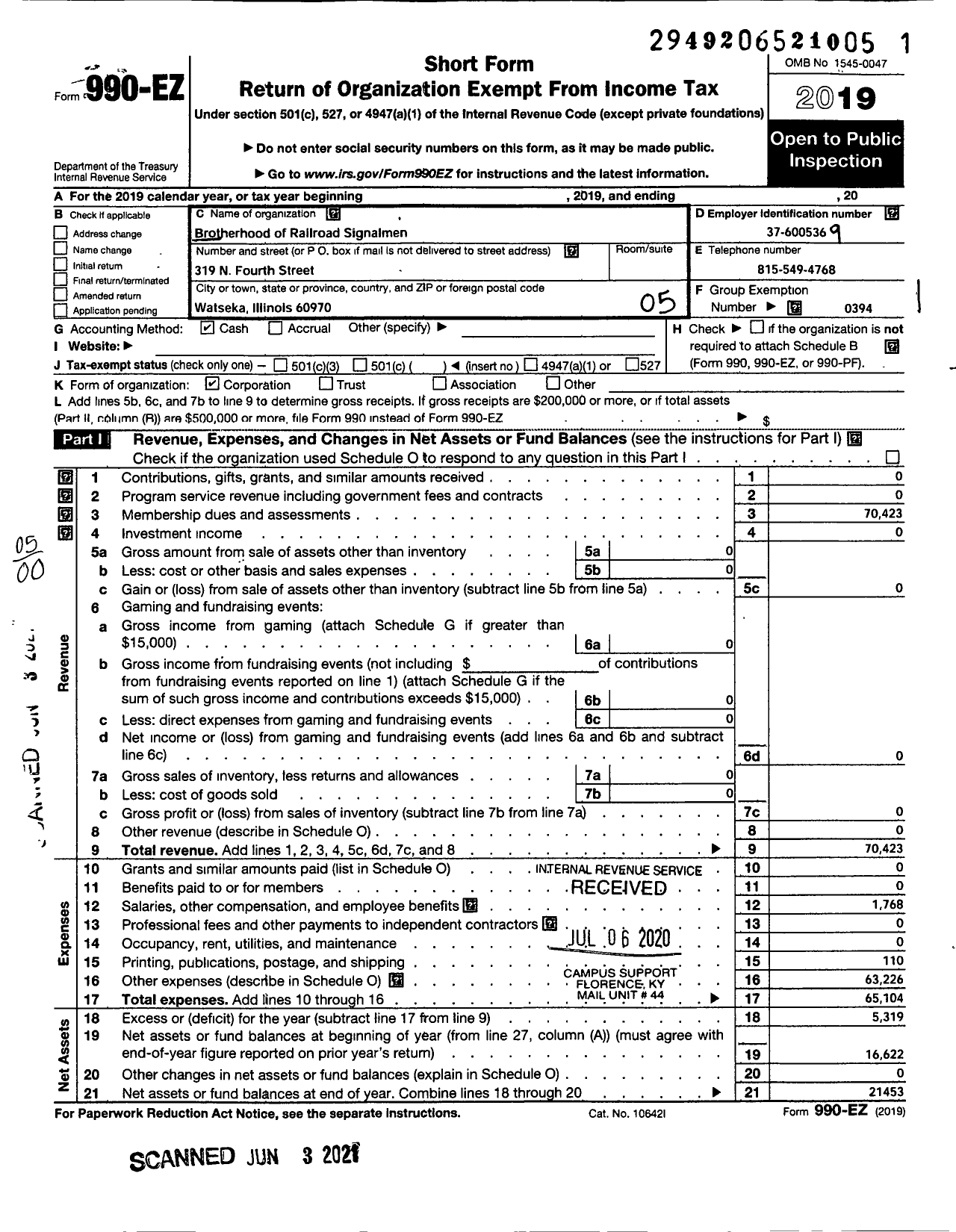 Image of first page of 2019 Form 990EO for Brotherhood of Railroad Signalmen - 174 Local