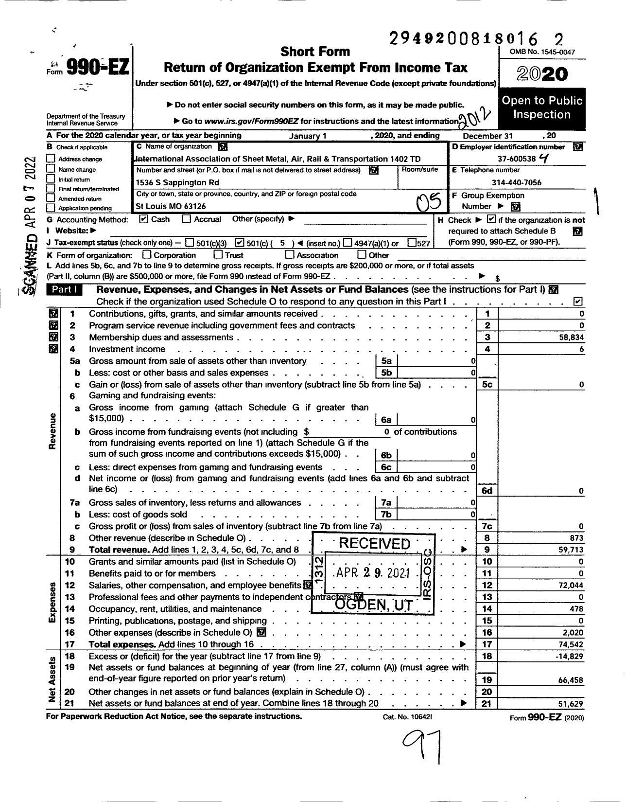 Image of first page of 2020 Form 990EO for Smart Union - 1402 TD