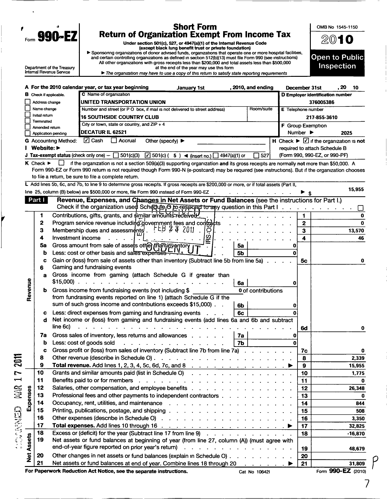 Image of first page of 2010 Form 990EO for Smart Union - 768 TD