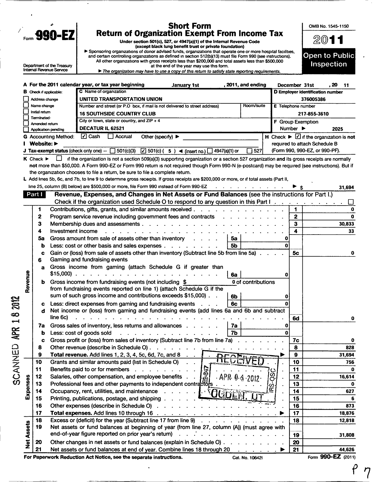 Image of first page of 2011 Form 990EO for Smart Union - 768 TD