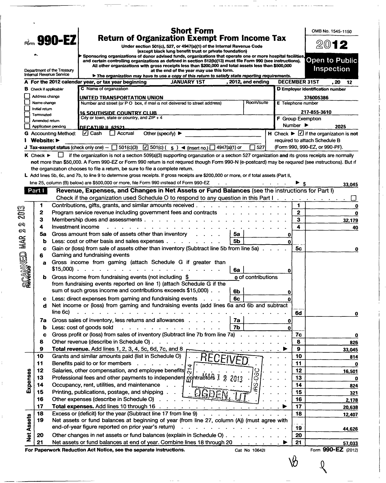 Image of first page of 2012 Form 990EO for Smart Union - 768 TD