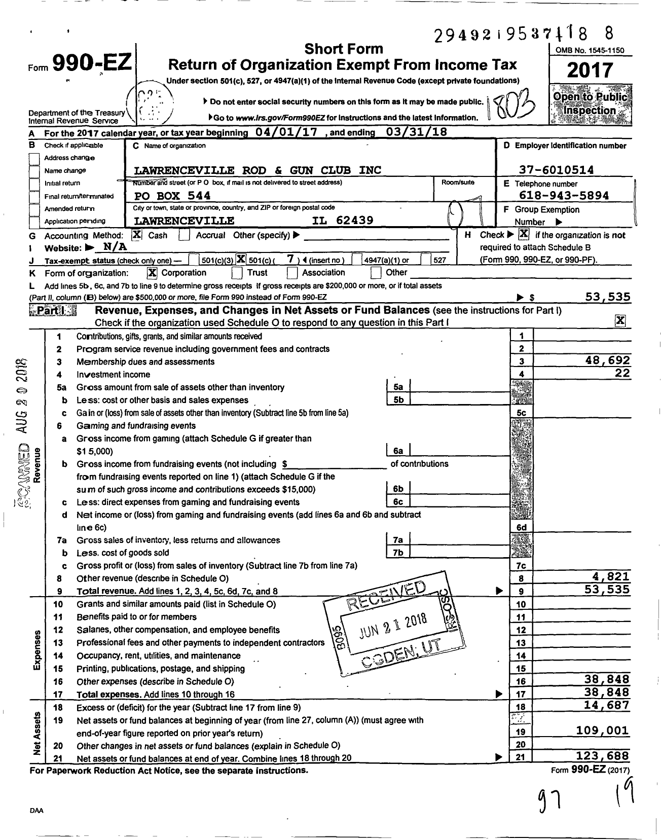 Image of first page of 2017 Form 990EO for Lawrenceville Rod and Gun Club