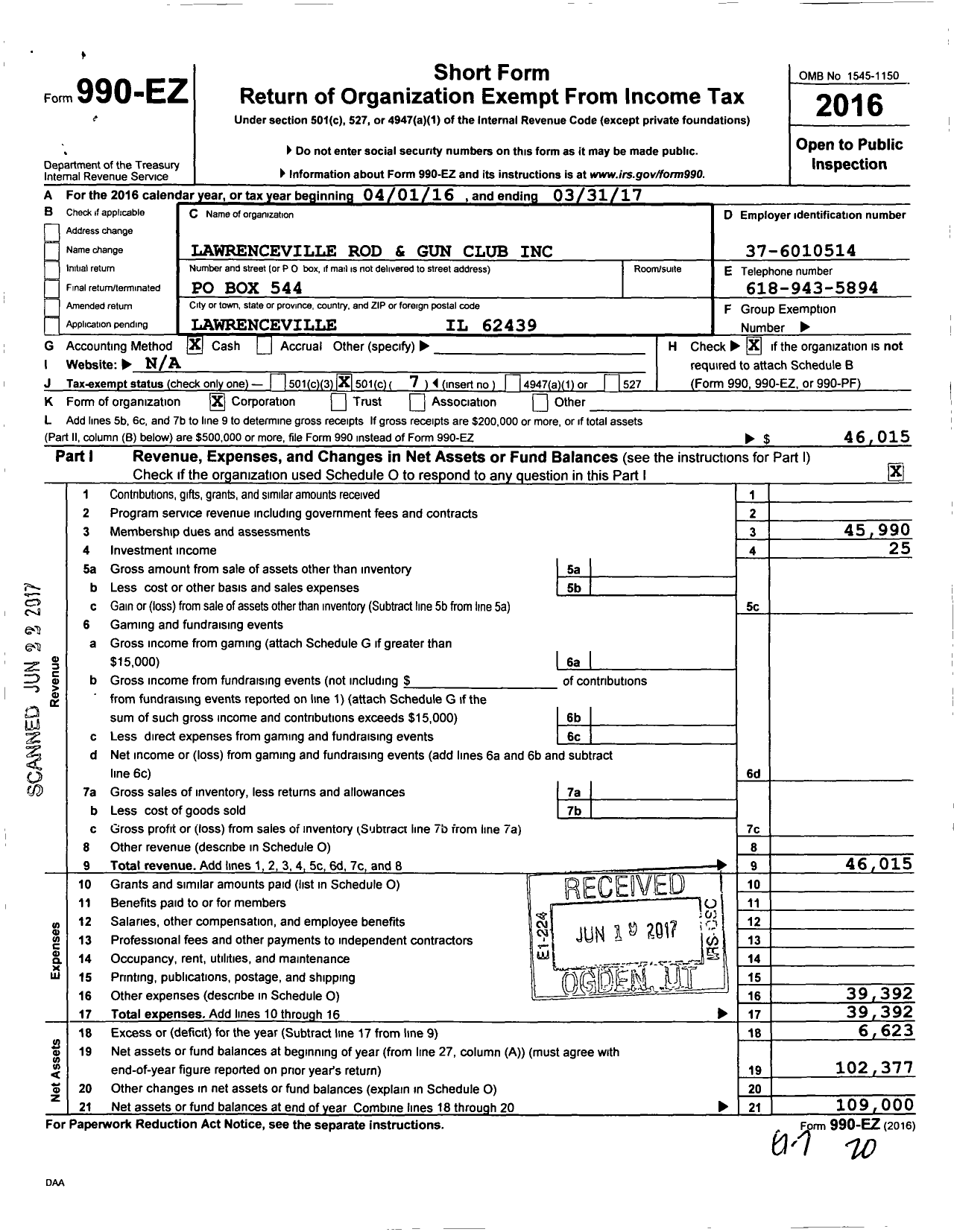 Image of first page of 2016 Form 990EO for Lawrenceville Rod and Gun Club